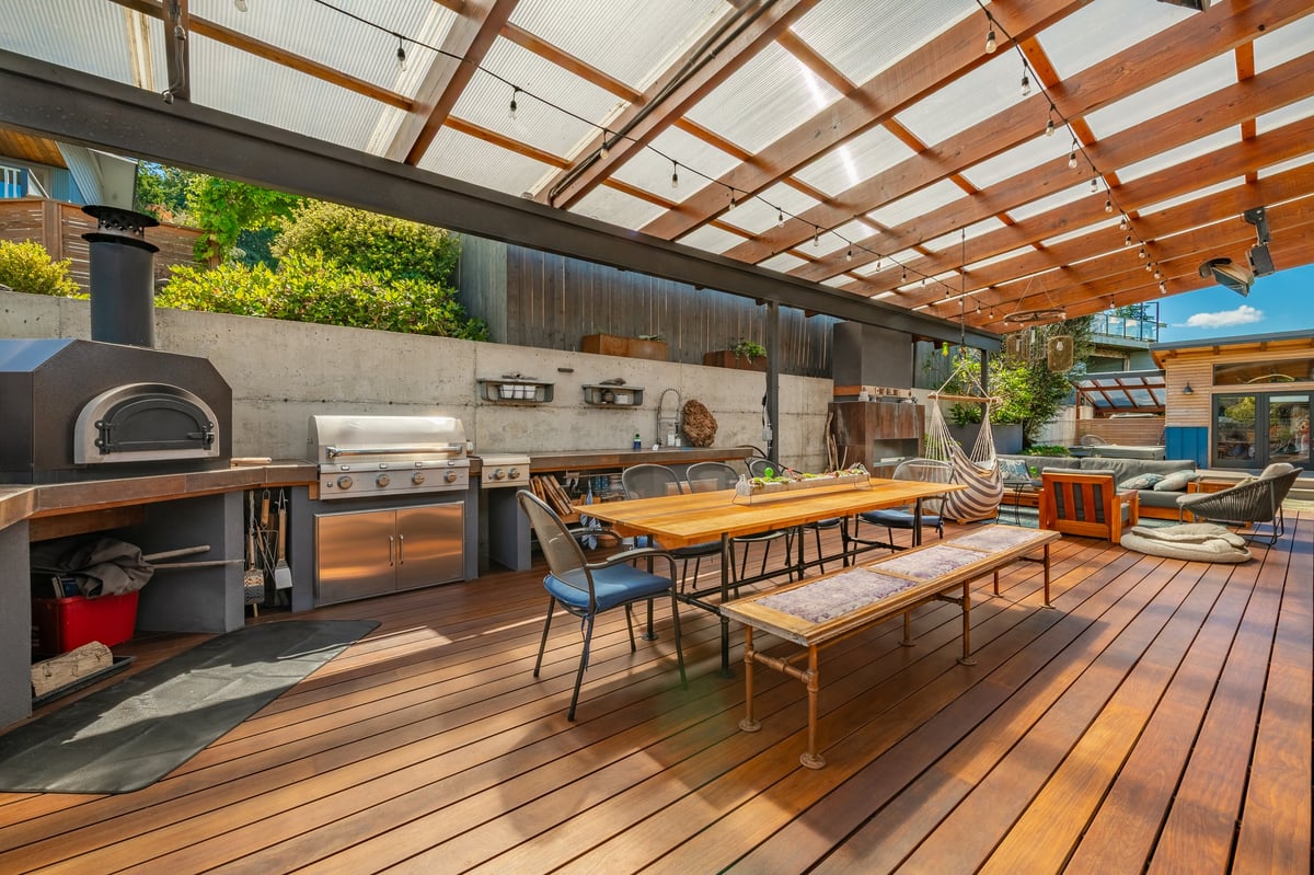 Beautiful wooden deck with covered patio area